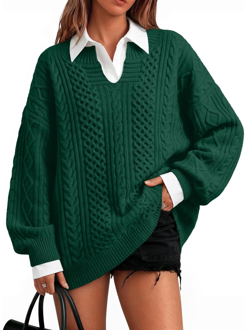 🆕 Womens Green Cable Knit Oversized Sweater V Neck Long Sleeve Pullover Top